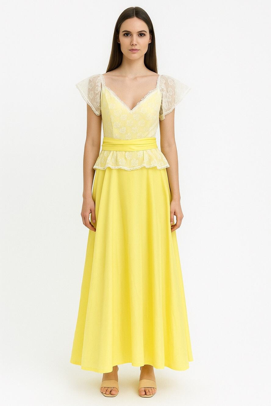 American vintage OOAK yellow white lace formal gown flutter sleeves bow medium